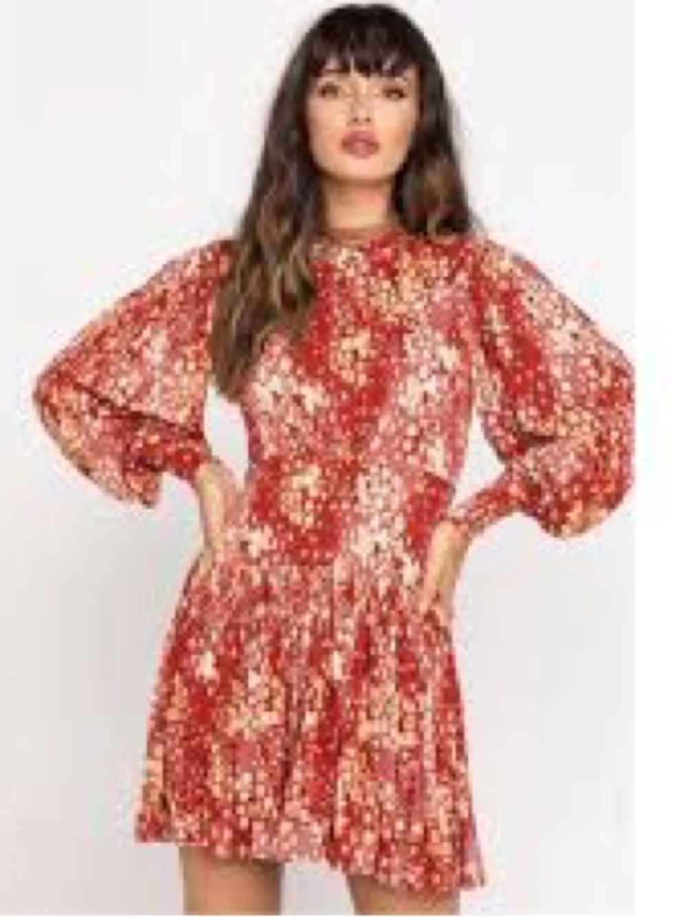 Free People Red Floral Puff-Sleeve Mini Dress